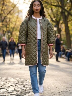Clare V Olive Quilted Coat with Pink Trim
